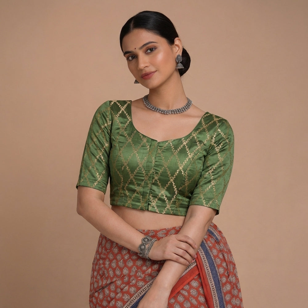 Vartika x Tyohaar | Elbow Sleeves Deep Olive Viscose Silk Brocade Saree Blouse