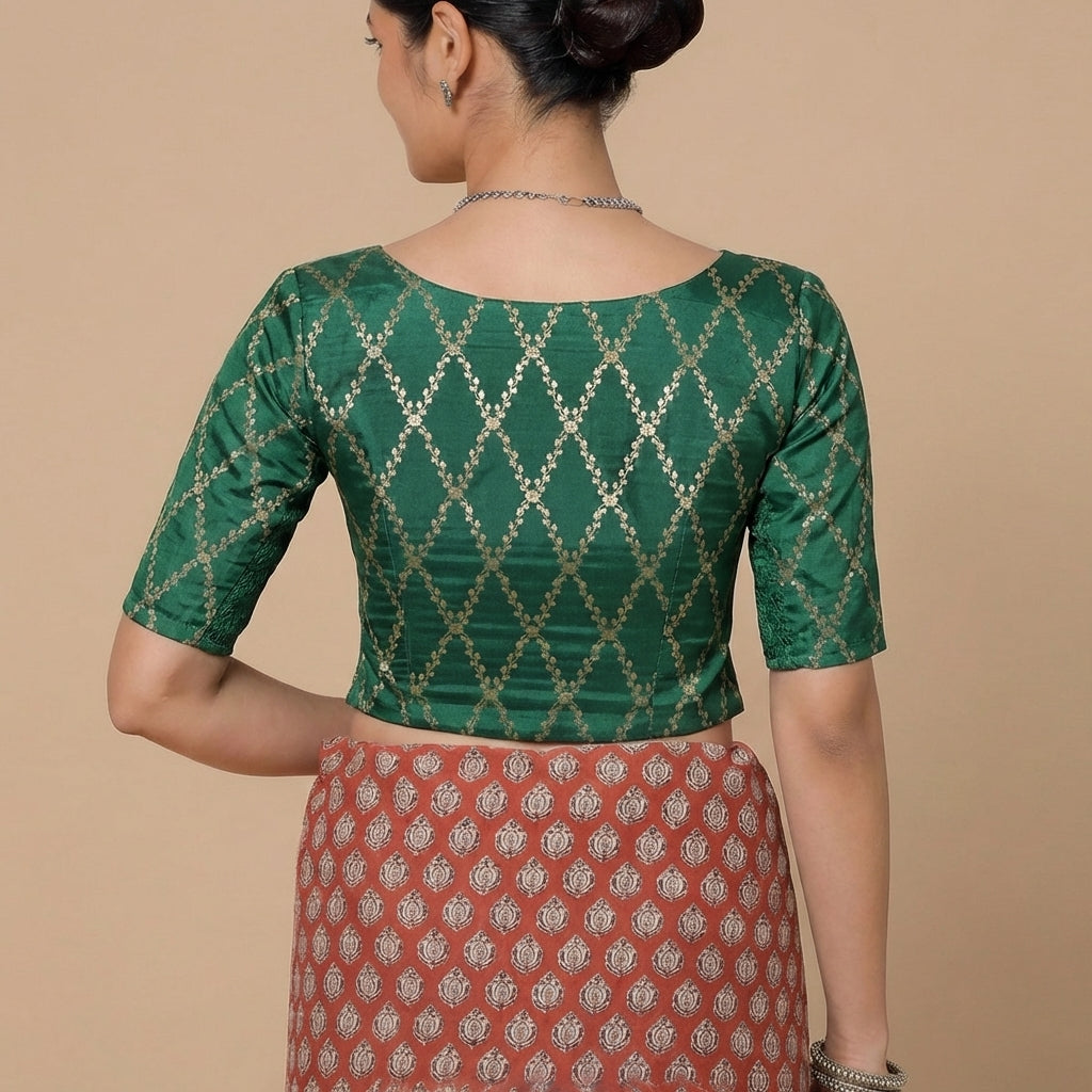 Vartika x Tyohaar Saree Blouse, in Green Viscose Silk Brocade, featuring elbow sleeves and round neckline (view 2).