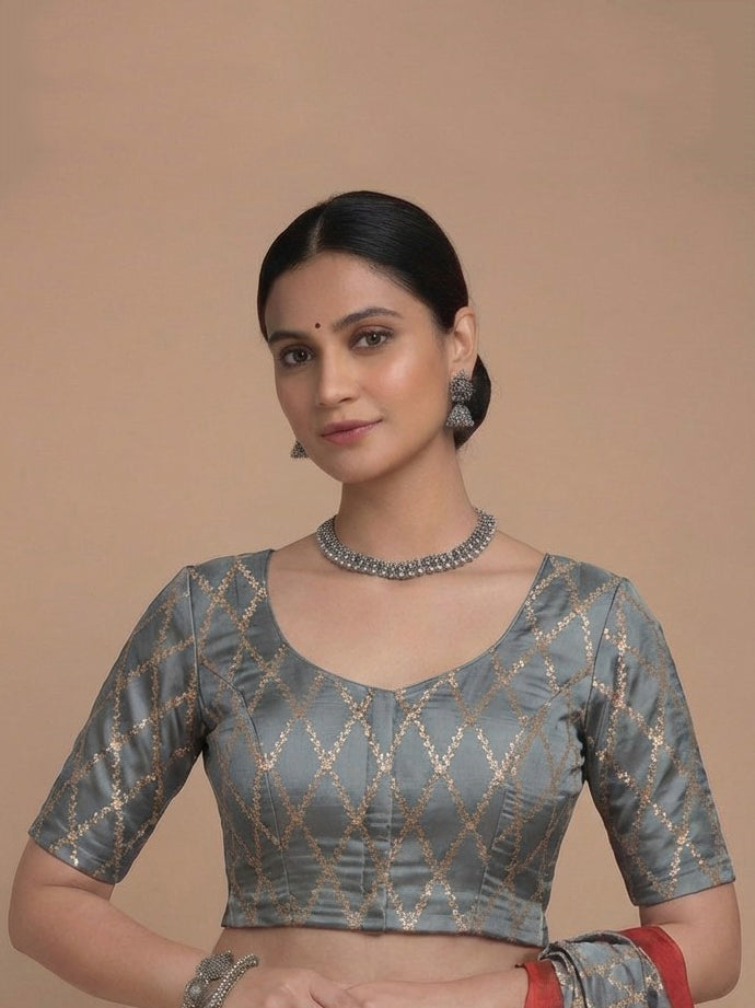Vartika x Tyohaar | Elbow Sleeves Gilded Grey Viscose Silk Brocade Saree Blouse