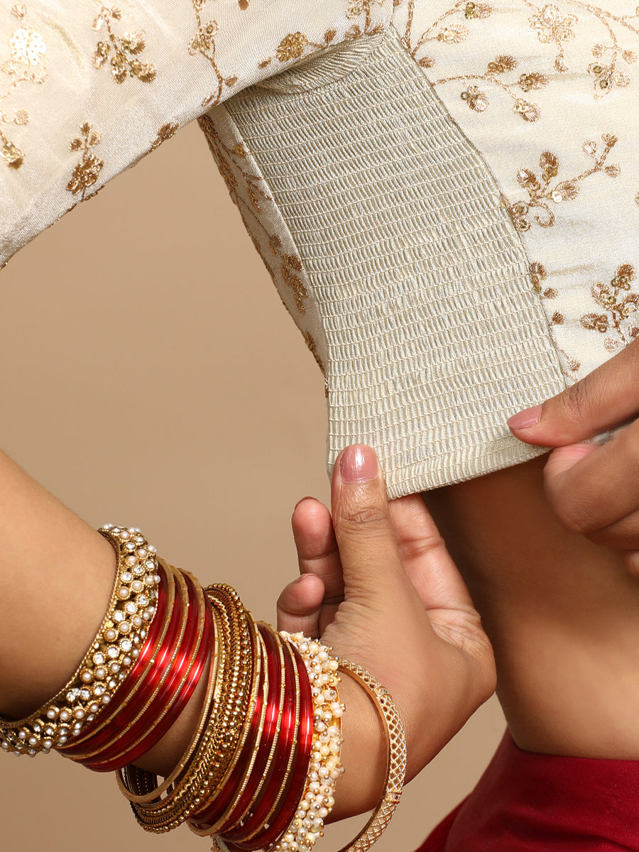Veda x Tyohaar Saree Blouse, in Cream Embroidery & Brocade, featuring elbow sleeves and jewel neckline (view 4).