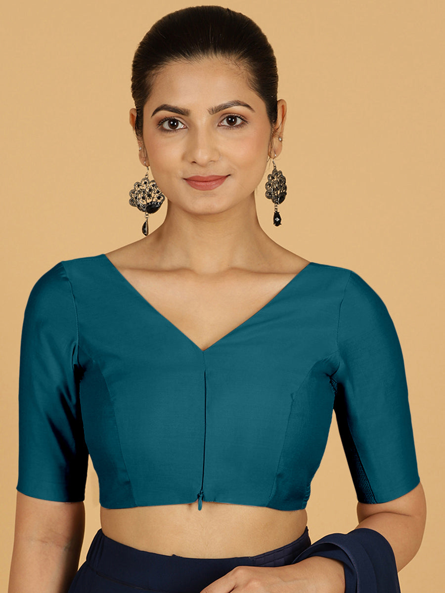 Vedika x Rozaana Saree Blouse, in Blue Viscose, featuring elbow sleeves and v-neckline, made for daily & work.