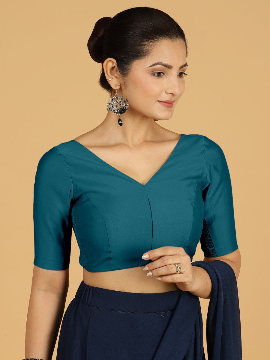 Vedika x Rozaana Saree Blouse, in Blue Viscose, featuring elbow sleeves and v-neckline, made for daily & work (view 6).