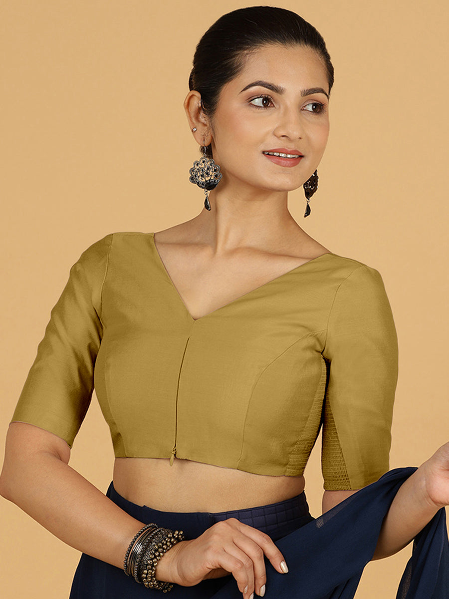 Vedika x Rozaana Saree Blouse, in Yellow Viscose, featuring elbow sleeves and v-neckline, made for daily & work (view 7).