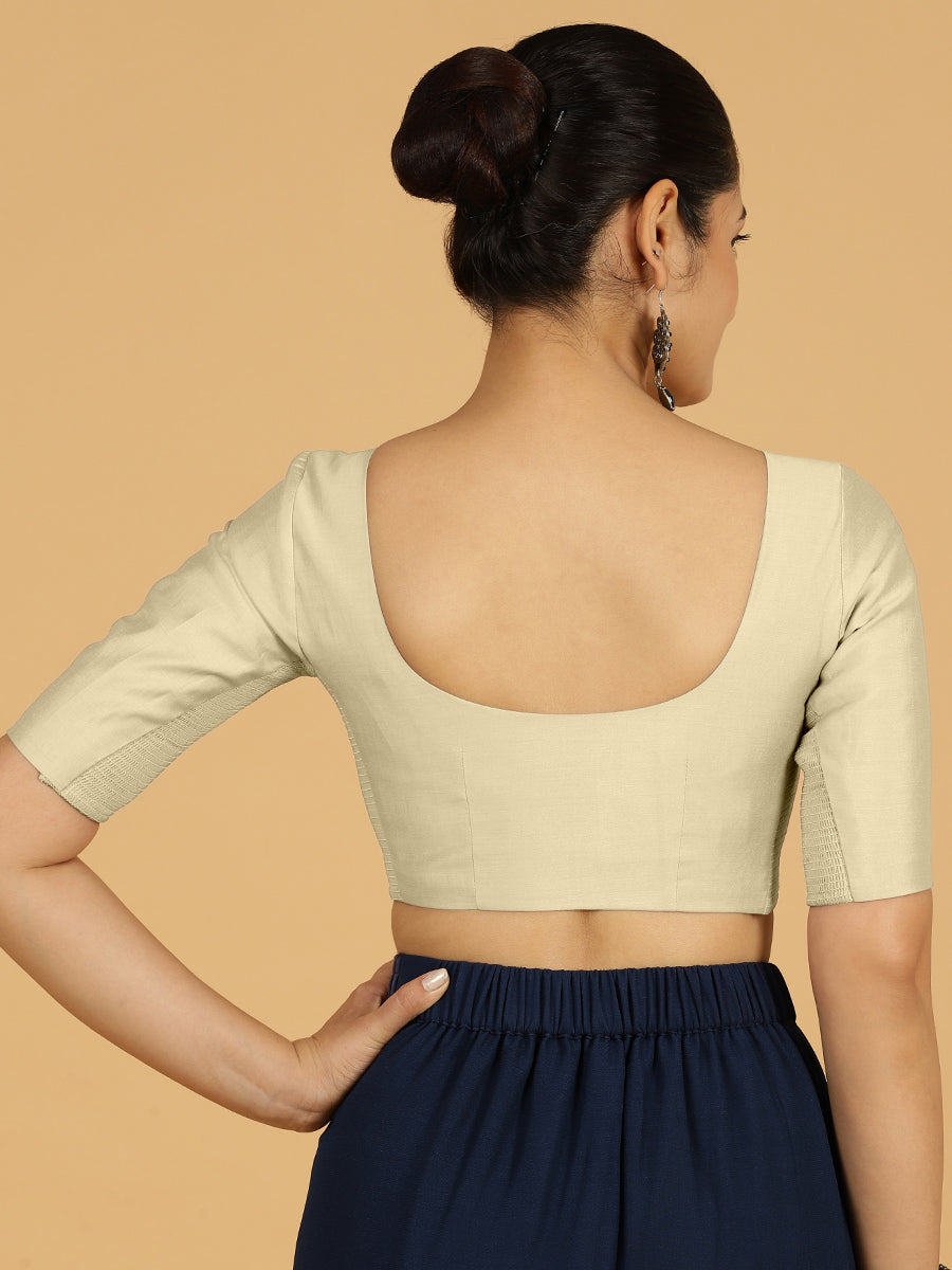 Vedika x Rozaana Saree Blouse, in White Viscose, featuring elbow sleeves and v-neckline, made for daily & work (view 2).