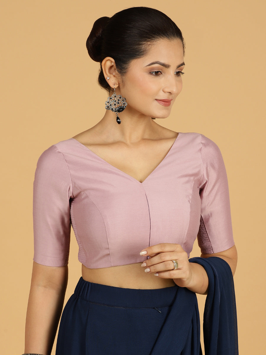 Vedika x Rozaana Saree Blouse, in Purple Viscose, featuring elbow sleeves and v-neckline, made for daily & work (view 6).