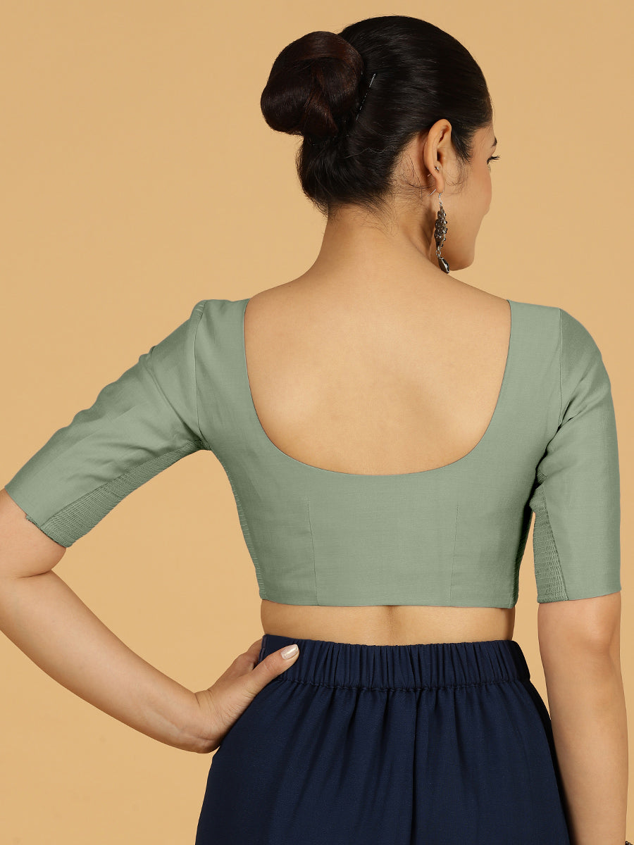 Vedika x Rozaana Saree Blouse, in Green Viscose, featuring elbow sleeves and v-neckline, made for daily & work (view 2).