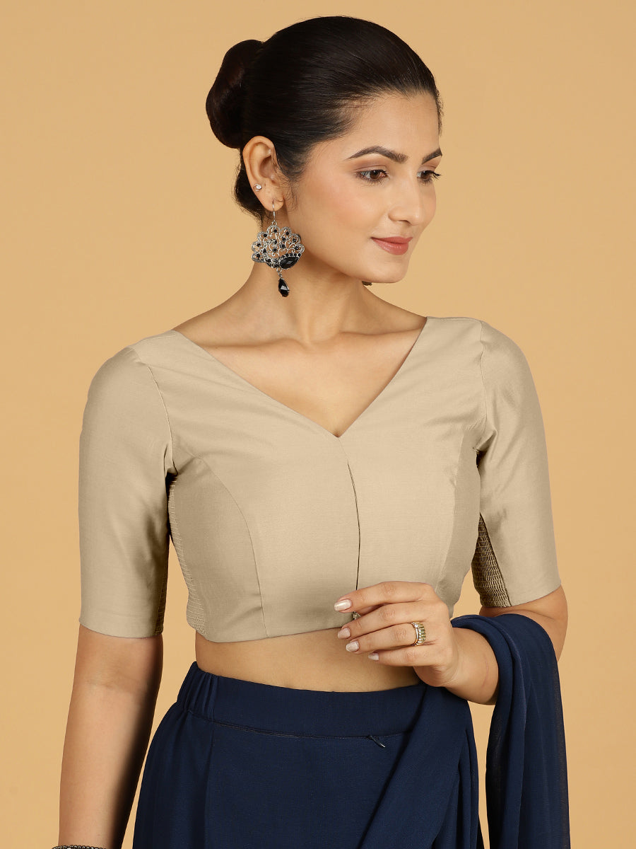 Vedika x Rozaana Saree Blouse, in Grey Viscose, featuring elbow sleeves and v-neckline, made for daily & work (view 6).