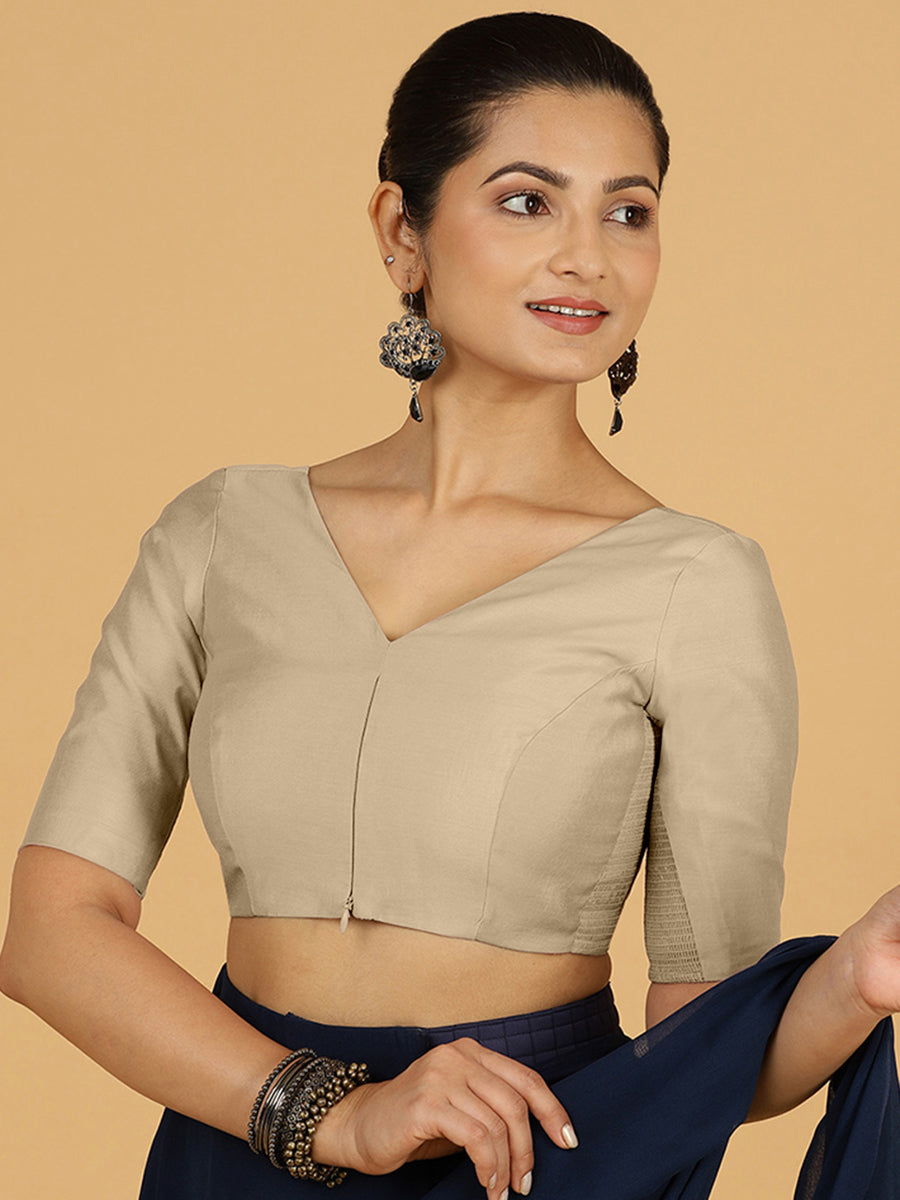 Vedika x Rozaana Saree Blouse, in Grey Viscose, featuring elbow sleeves and v-neckline, made for daily & work (view 7).