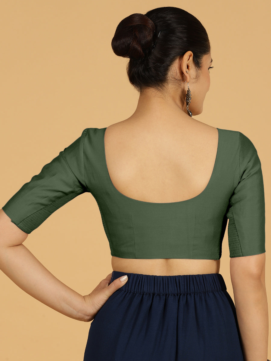 Vedika x Rozaana Saree Blouse, in Green Viscose, featuring elbow sleeves and v-neckline, made for daily & work (view 2).