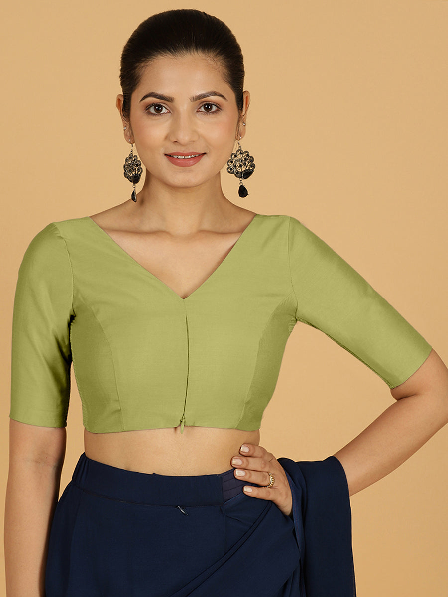 Vedika x Rozaana Saree Blouse, in Green Viscose, featuring elbow sleeves and v-neckline, made for daily & work.