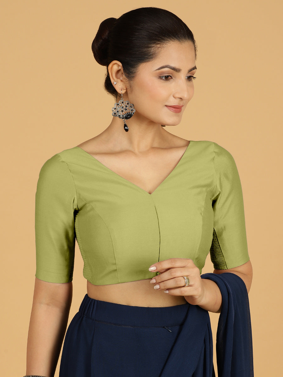 Vedika x Rozaana Saree Blouse, in Green Viscose, featuring elbow sleeves and v-neckline, made for daily & work (view 6).