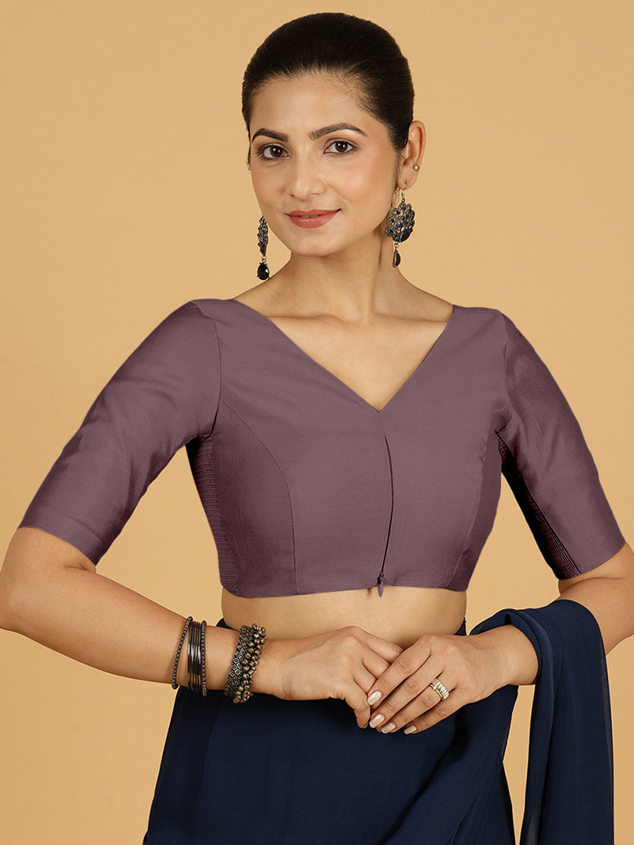 Vedika x Rozaana Saree Blouse, in Purple Viscose, featuring elbow sleeves and v-neckline, made for daily & work (view 7).