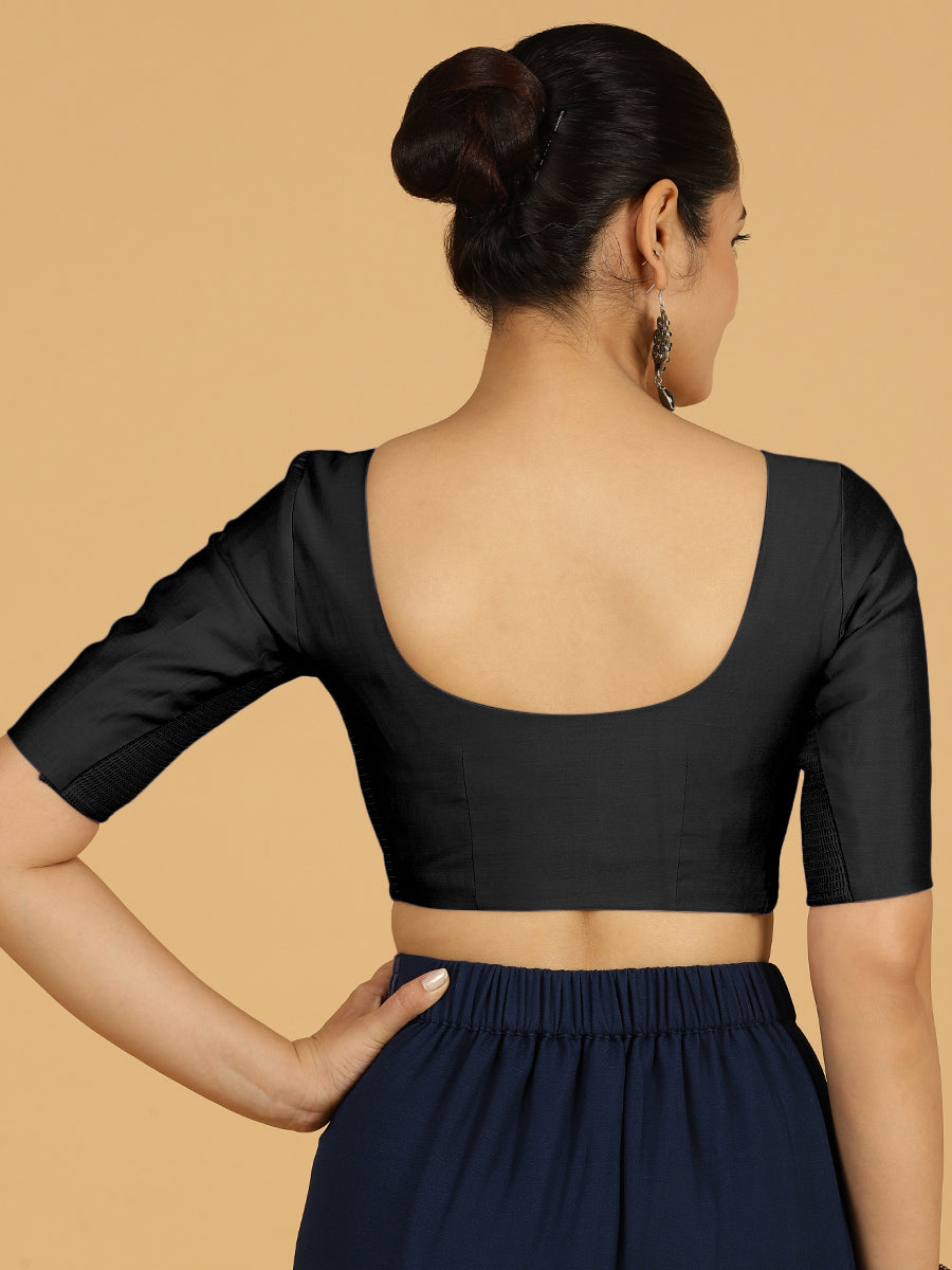 Vedika x Rozaana Saree Blouse, in Black Viscose, featuring elbow sleeves and v-neckline, made for daily & work (view 2).