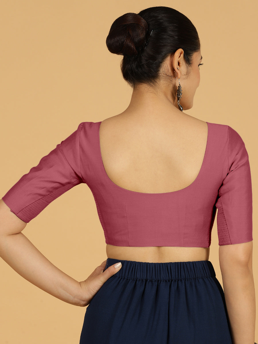 Vedika x Rozaana Saree Blouse, in Pink Viscose, featuring elbow sleeves and v-neckline, made for daily & work (view 2).