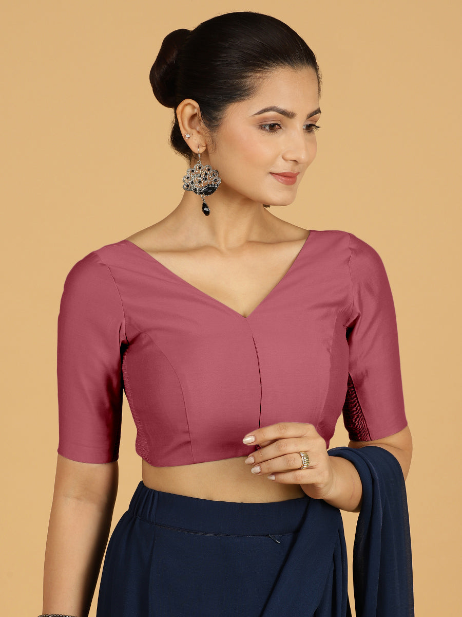 Vedika x Rozaana Saree Blouse, in Pink Viscose, featuring elbow sleeves and v-neckline, made for daily & work (view 6).