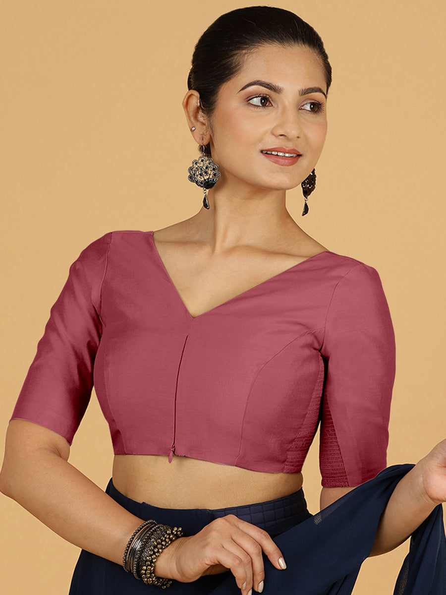Vedika x Rozaana Saree Blouse, in Pink Viscose, featuring elbow sleeves and v-neckline, made for daily & work (view 7).