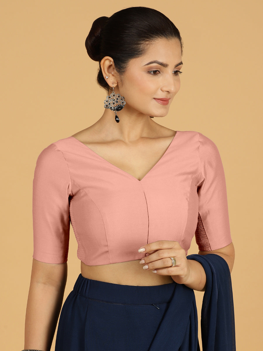 Vedika x Rozaana Saree Blouse, in Pink Viscose, featuring elbow sleeves and v-neckline, made for daily & work (view 6).