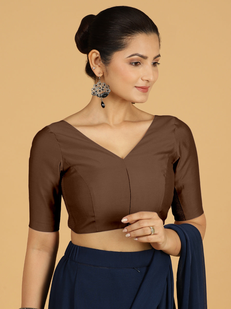 Vedika x Rozaana Saree Blouse, in Brown Viscose, featuring elbow sleeves and v-neckline, made for daily & work (view 6).