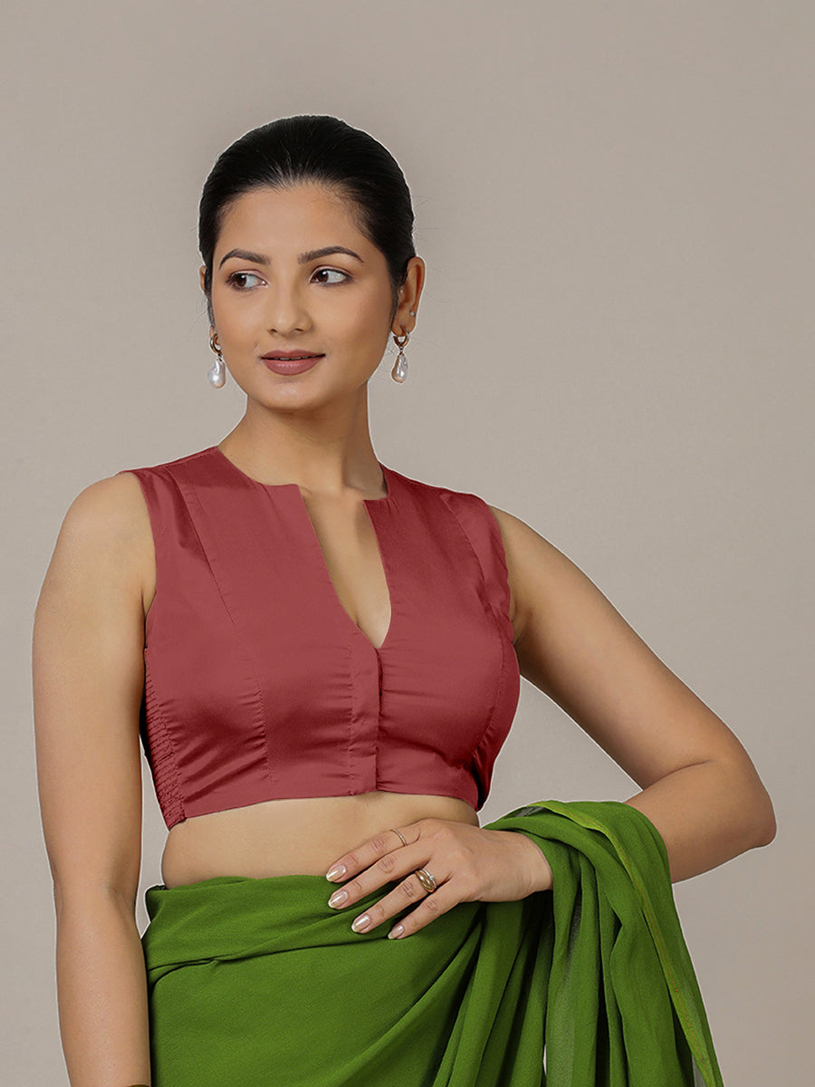 Veena x Rozaana Saree Blouse, in Red Vegan Silk, featuring sleeveless and curved v-neckline, made for party & festive (view 4).