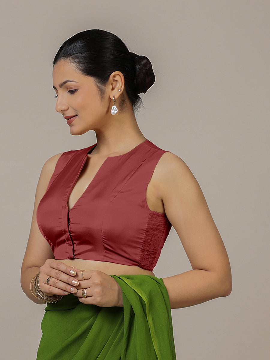 Veena x Rozaana Saree Blouse, in Red Vegan Silk, featuring sleeveless and curved v-neckline, made for party & festive (view 6).