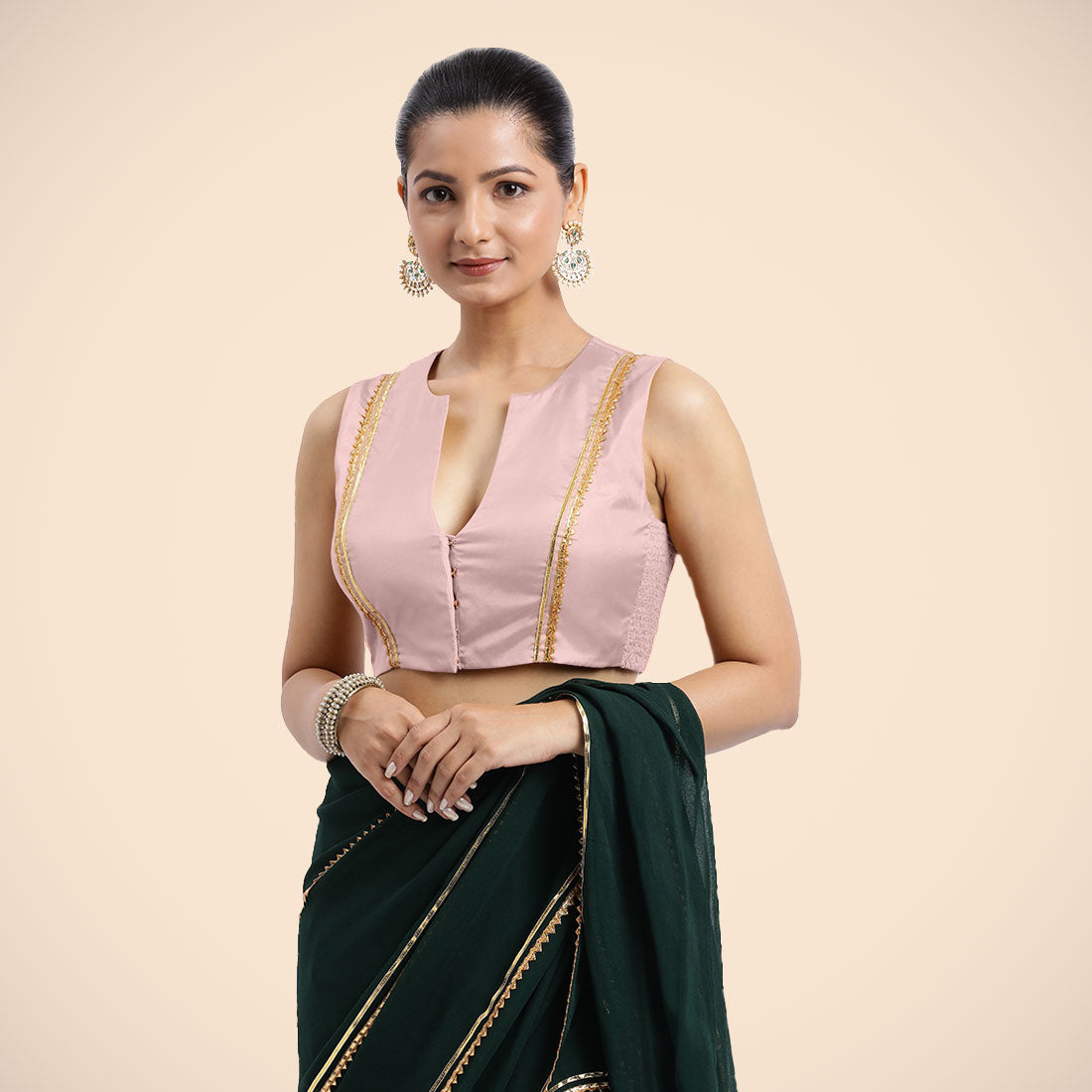 Veena x Tyohaar Saree Blouse, in Pink Vegan Silk, featuring sleeveless and curved v-neckline, made for party & festive (view 6).