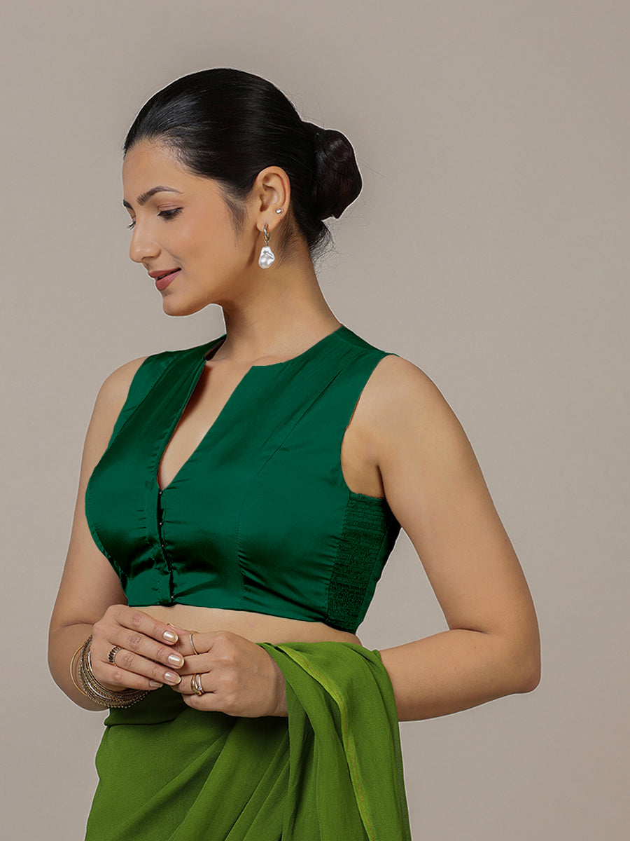 Veena x Rozaana Saree Blouse, in Green Vegan Silk, featuring sleeveless and curved v-neckline, made for party & festive.