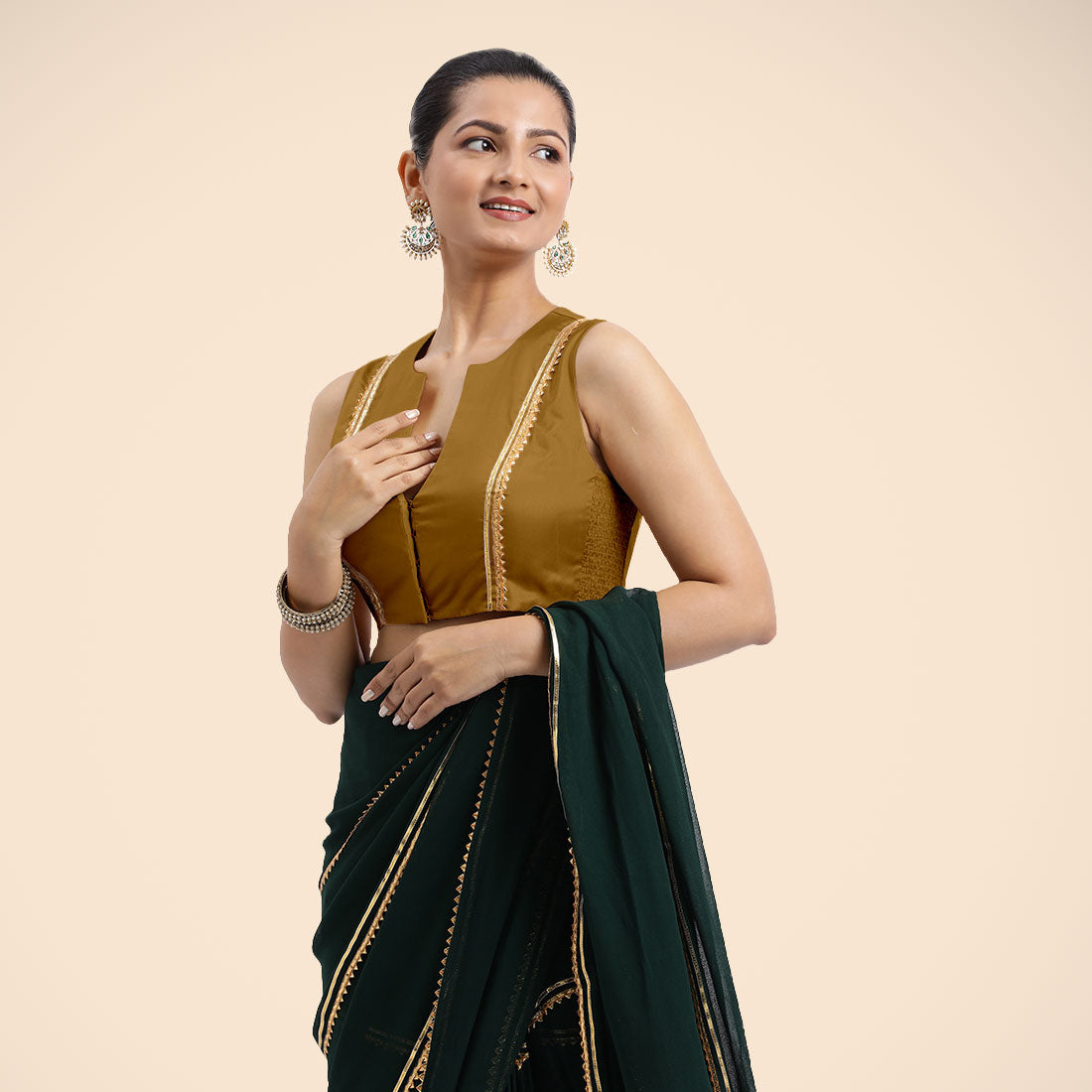 Veena x Tyohaar Saree Blouse, in Gold Vegan Silk, featuring sleeveless and curved v-neckline, made for party & festive (view 5).