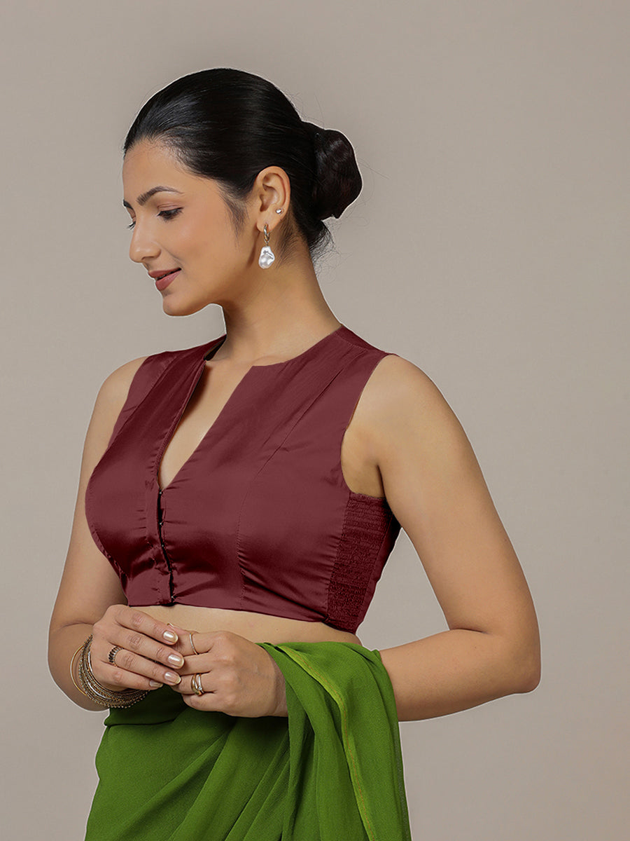 Veena x Rozaana Saree Blouse, in Maroon Vegan Silk, featuring sleeveless and curved v-neckline, made for party & festive.
