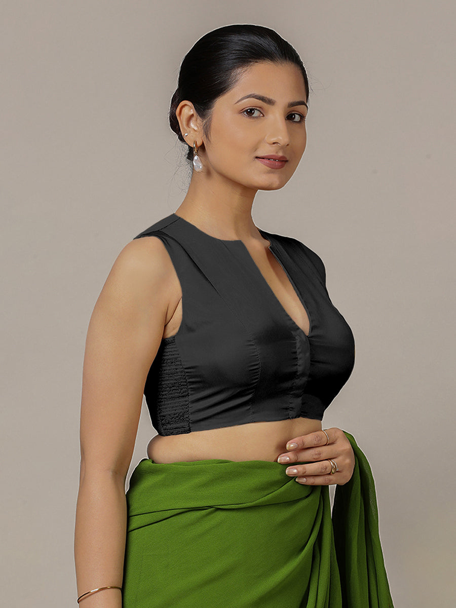 Veena x Rozaana Saree Blouse, in Black Vegan Silk, featuring sleeveless and curved v-neckline, made for party & festive.