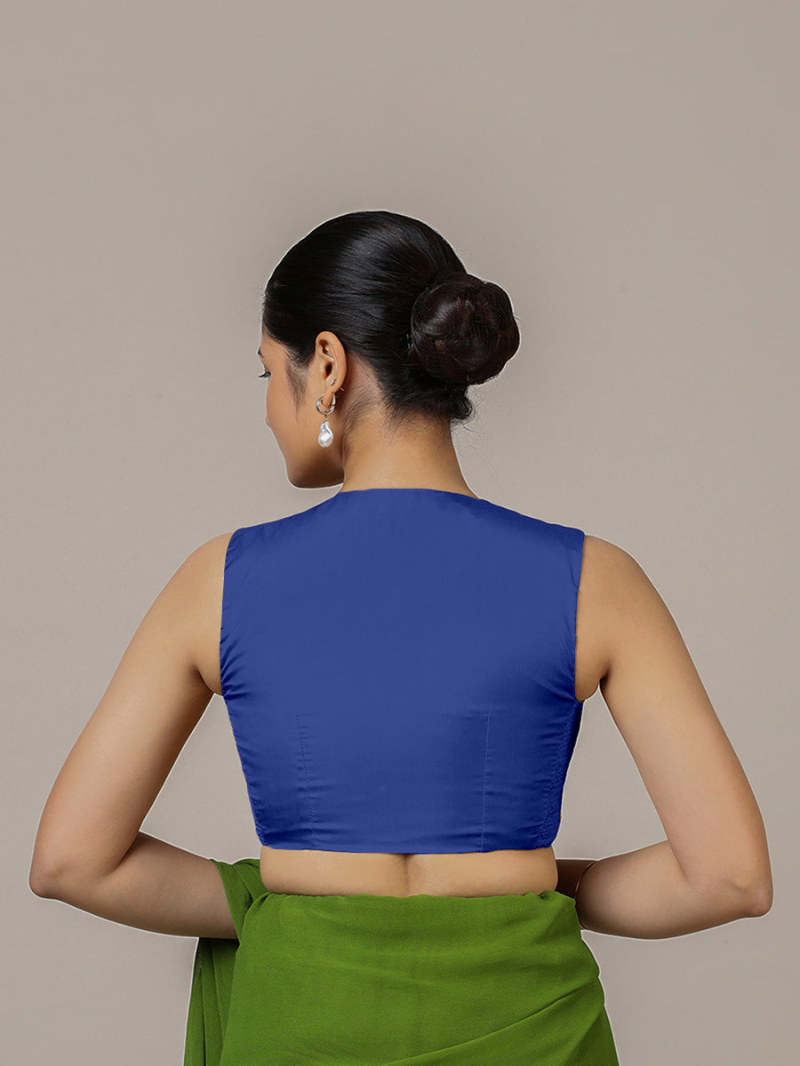 Veena x Rozaana Saree Blouse, in Blue Vegan Silk, featuring sleeveless and curved v-neckline, made for party & festive (view 2).