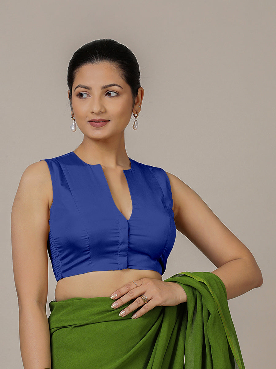 Veena x Rozaana Saree Blouse, in Blue Vegan Silk, featuring sleeveless and curved v-neckline, made for party & festive (view 4).