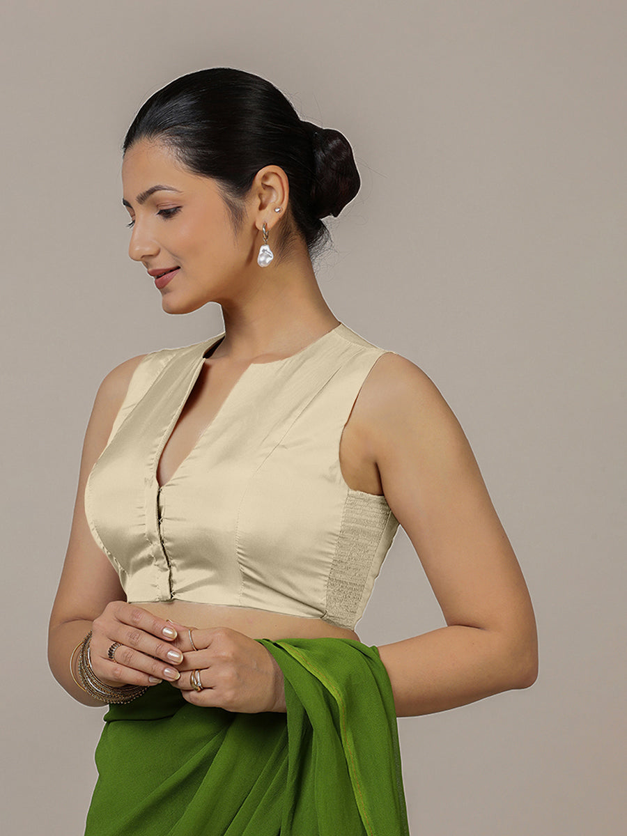 Veena x Rozaana Saree Blouse, in Cream Vegan Silk, featuring sleeveless and curved v-neckline, made for party & festive.