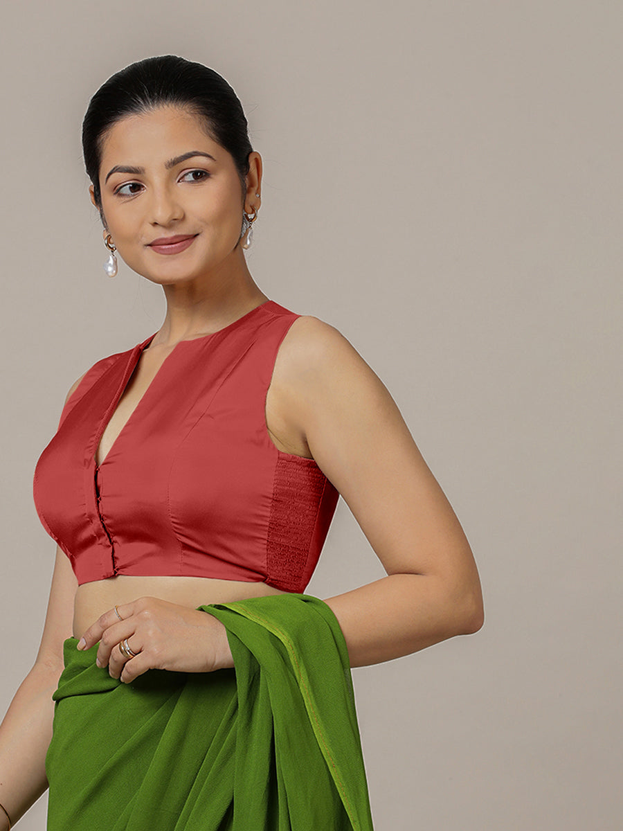 Veena x Rozaana Saree Blouse, in Red Vegan Silk, featuring sleeveless and curved v-neckline, made for party & festive.
