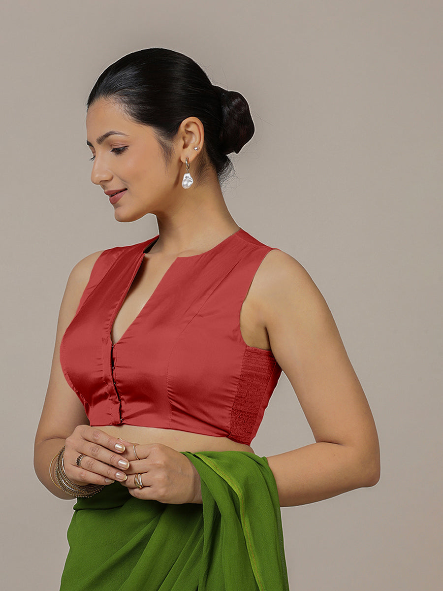 Veena x Rozaana Saree Blouse, in Red Vegan Silk, featuring sleeveless and curved v-neckline, made for party & festive (view 5).