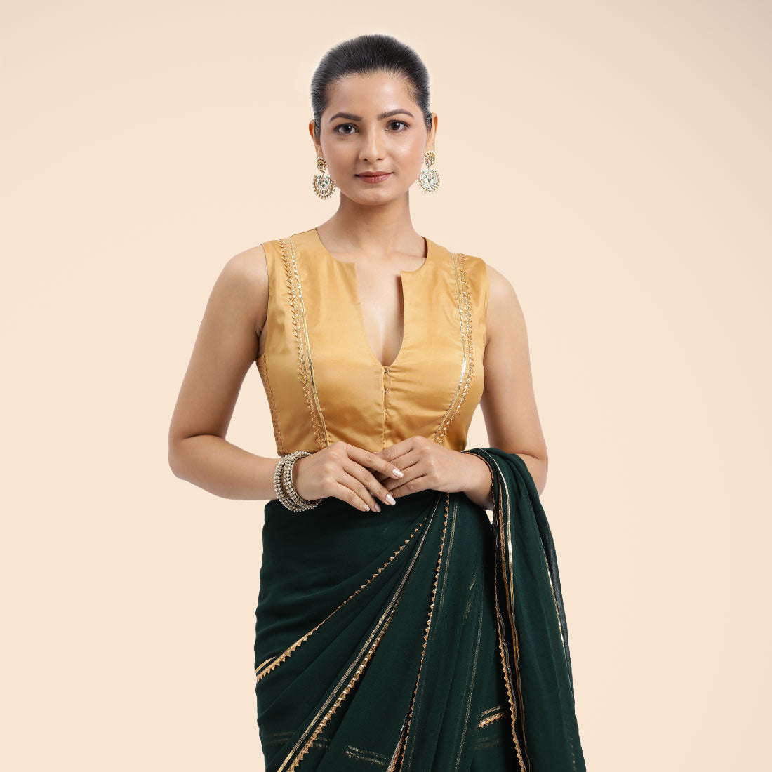 Veena x Tyohaar Saree Blouse, in Gold Vegan Silk, featuring sleeveless and curved v-neckline, made for party & festive (view 3).
