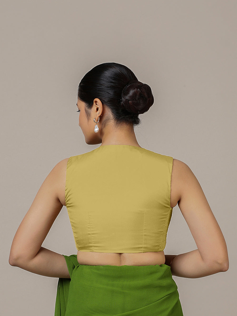 Veena x Rozaana Saree Blouse, in Yellow Vegan Silk, featuring sleeveless and curved v-neckline, made for party & festive.
