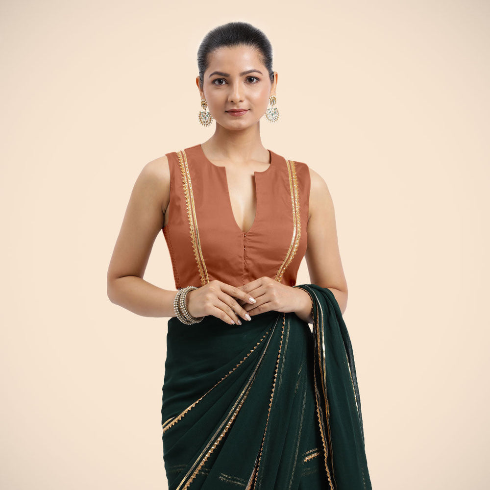 Veena x Tyohaar | Metallic Copper Sleeveless FlexiFit™ Saree Blouse with Front Open Closed Neckline with Slit and Golden Gota Lace