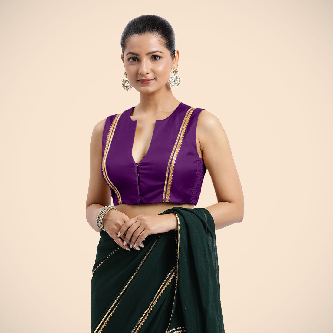 Veena x Tyohaar Saree Blouse, in Purple Vegan Silk, featuring sleeveless and curved v-neckline, made for party & festive.