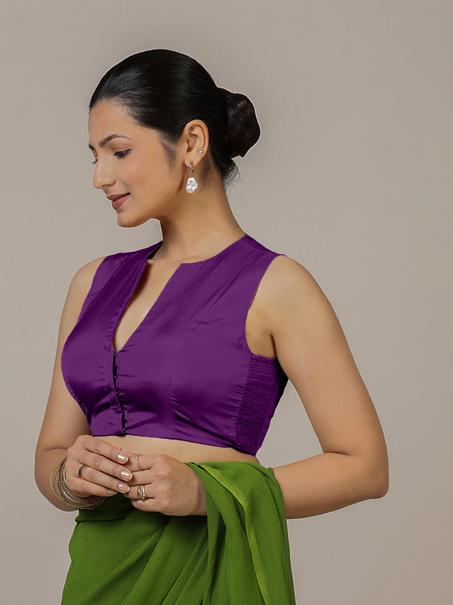 Veena x Rozaana Saree Blouse, in Purple Vegan Silk, featuring sleeveless and curved v-neckline, made for party & festive.