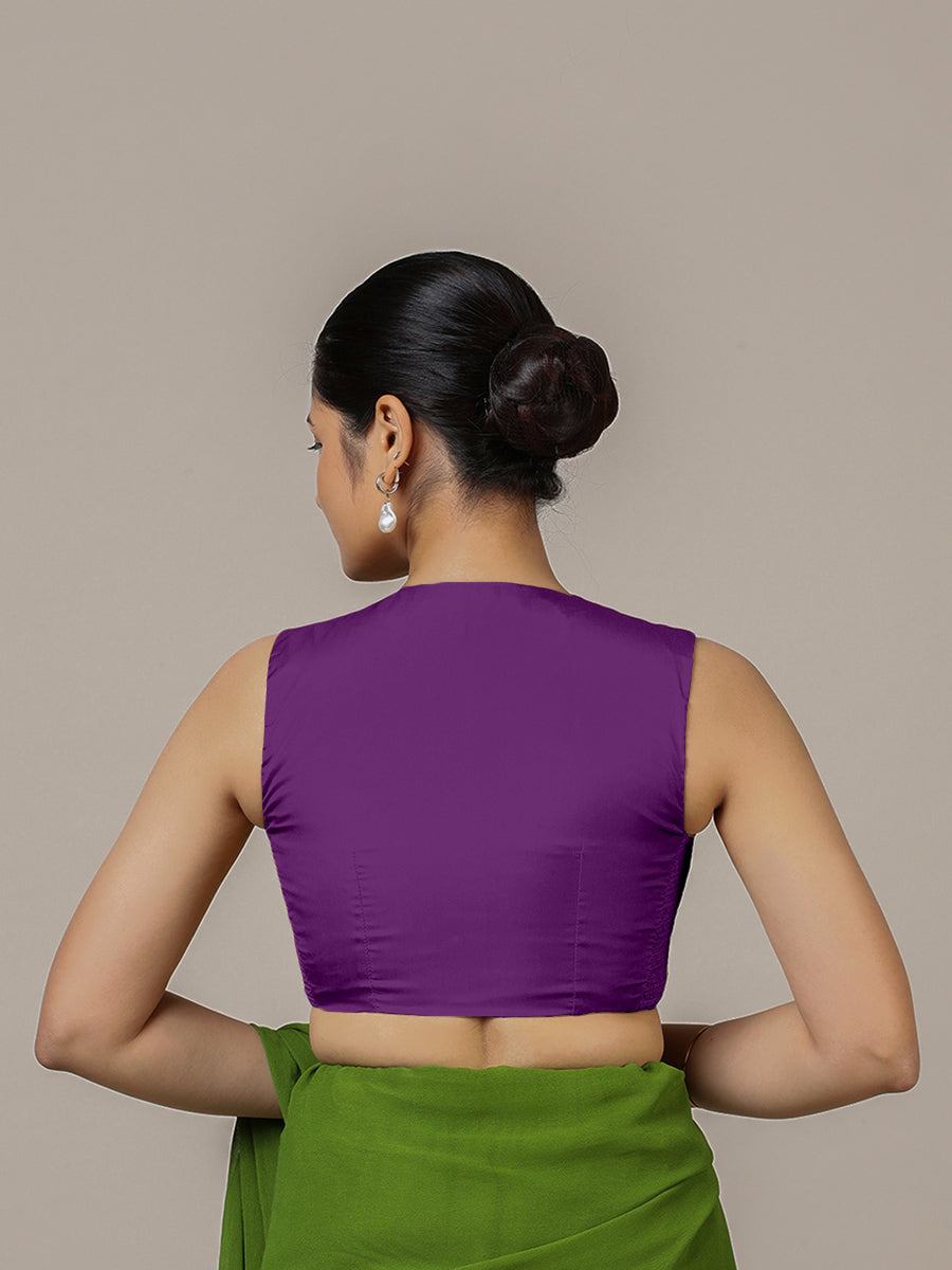Veena x Rozaana Saree Blouse, in Purple Vegan Silk, featuring sleeveless and curved v-neckline, made for party & festive.