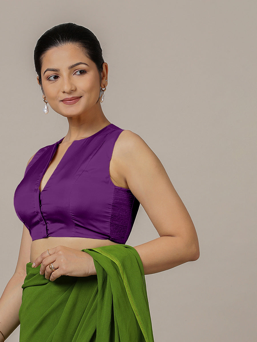 Veena x Rozaana Saree Blouse, in Purple Vegan Silk, featuring sleeveless and curved v-neckline, made for party & festive.
