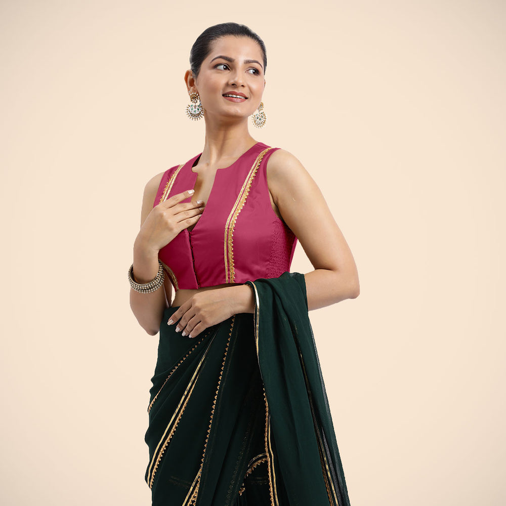 Veena x Tyohaar | Rani Pink Sleeveless FlexiFit™ Saree Blouse with Front Open Closed Neckline with Slit and Golden Gota Lace
