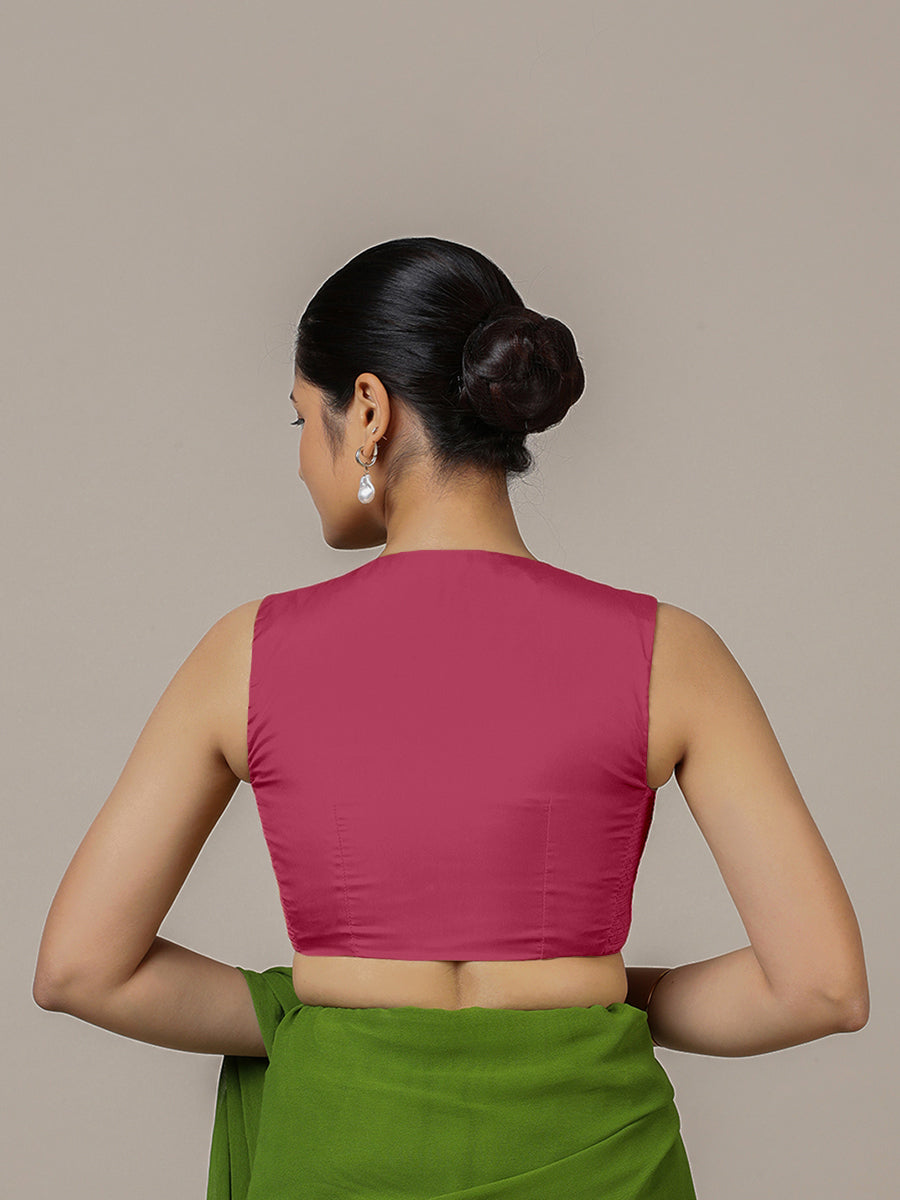 Veena x Rozaana Saree Blouse, in Pink Vegan Silk, featuring sleeveless and curved v-neckline, made for party & festive (view 2).