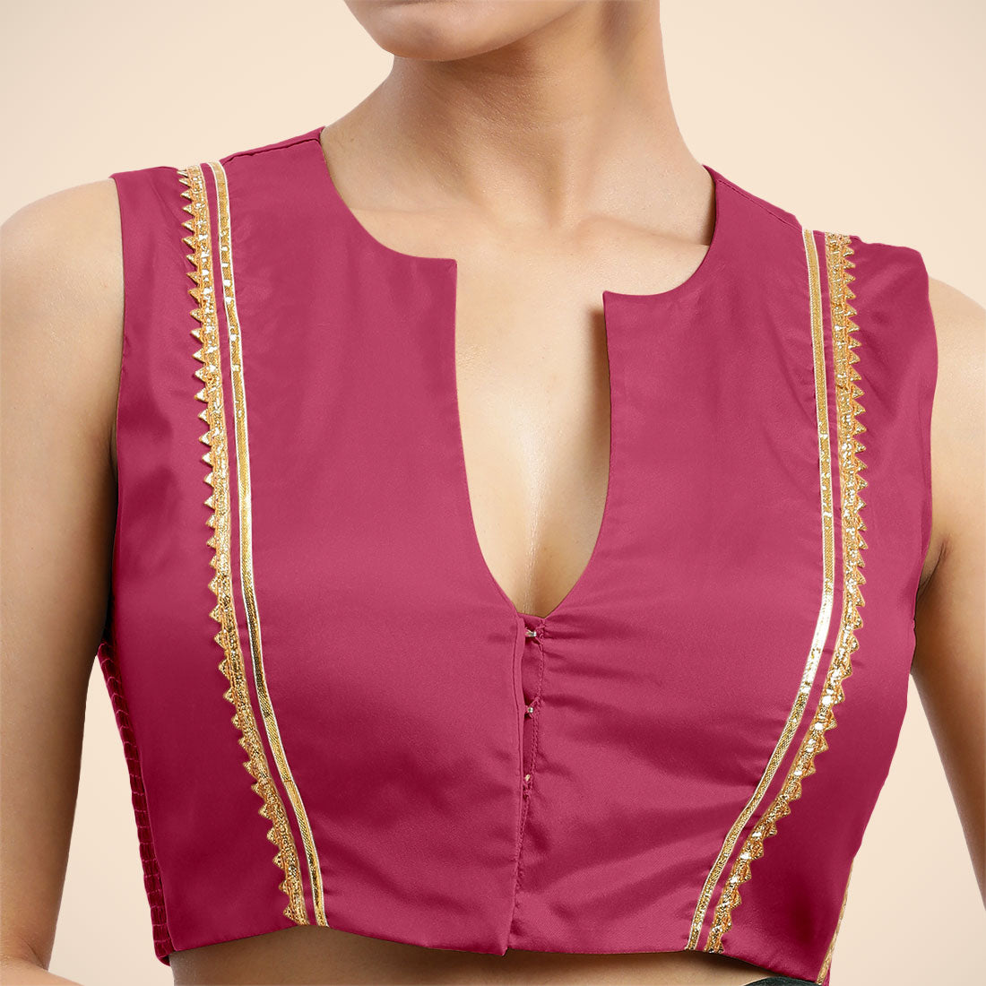 Veena x Tyohaar Saree Blouse, in Pink Vegan Silk, featuring sleeveless and curved v-neckline, made for party & festive (view 4).