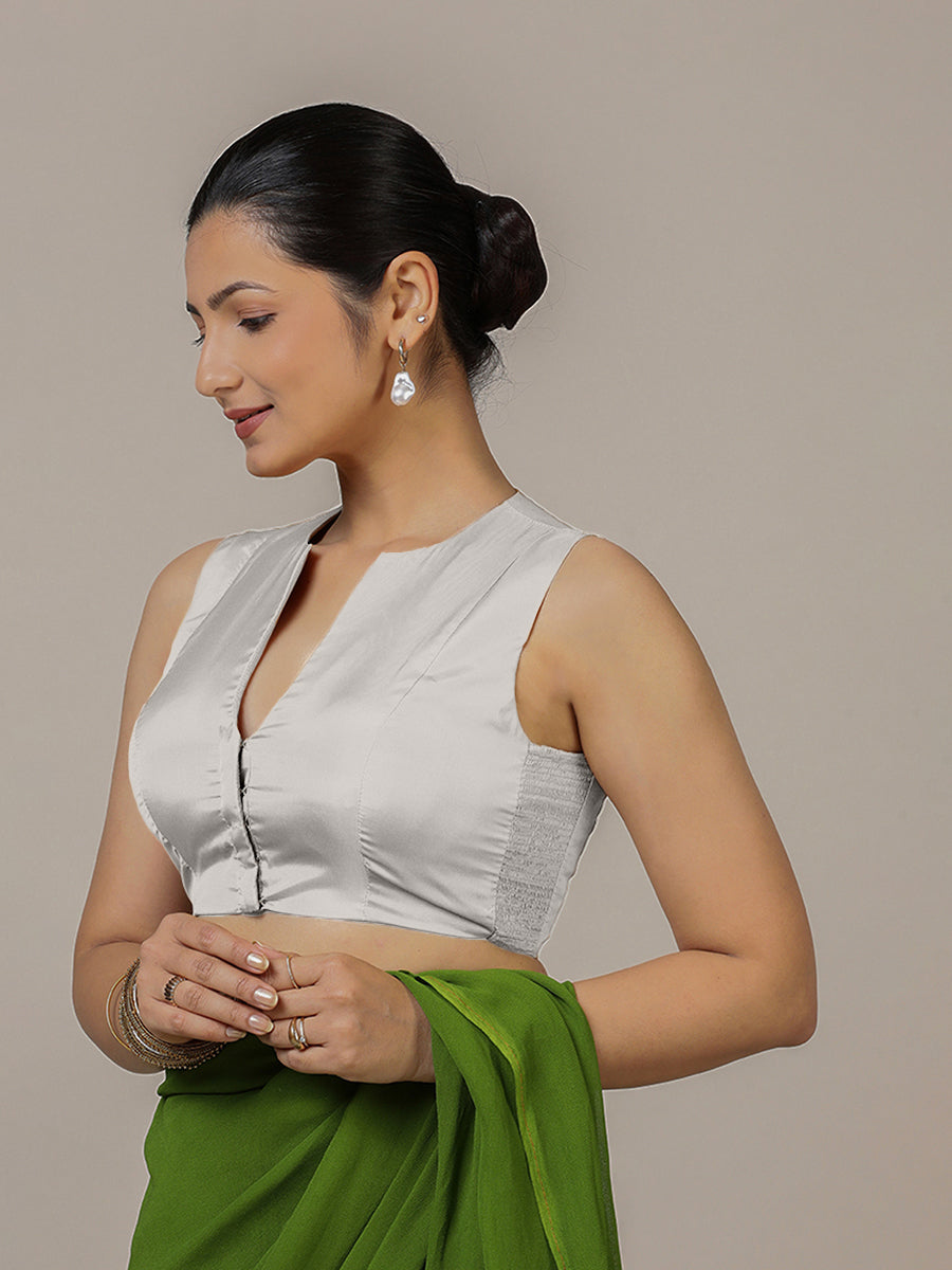 Veena x Rozaana Saree Blouse, in Silver Vegan Silk, featuring sleeveless and curved v-neckline, made for party & festive.