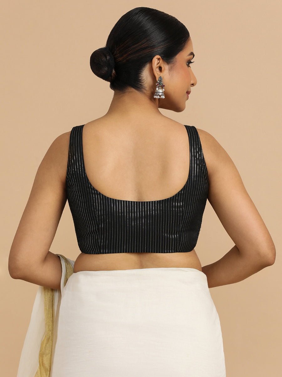 Vinita x Rozaana Saree Blouse, in Black 100% Cotton & Lurex, featuring sleeveless and round neckline (view 2).