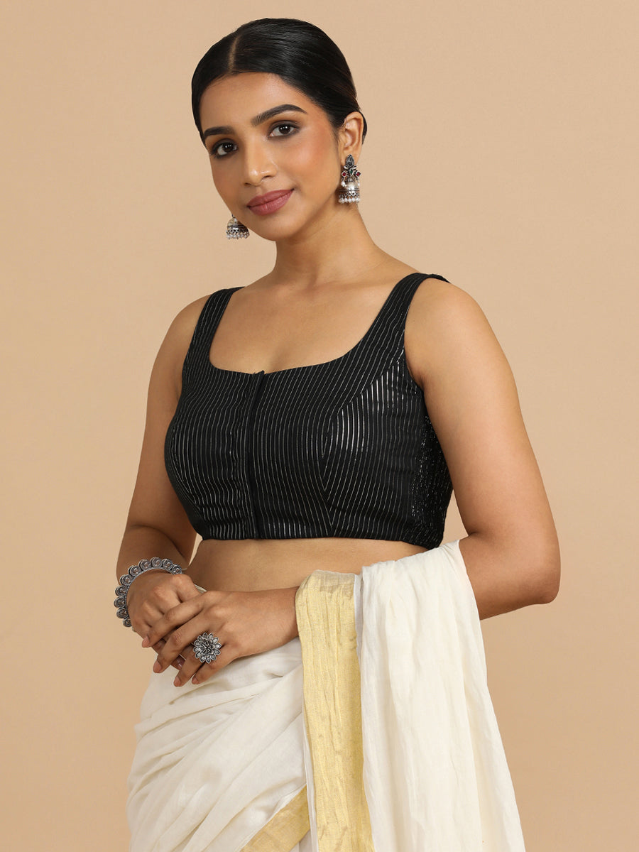 Vinita x Rozaana Saree Blouse, in Black 100% Cotton & Lurex, featuring sleeveless and round neckline (view 6).