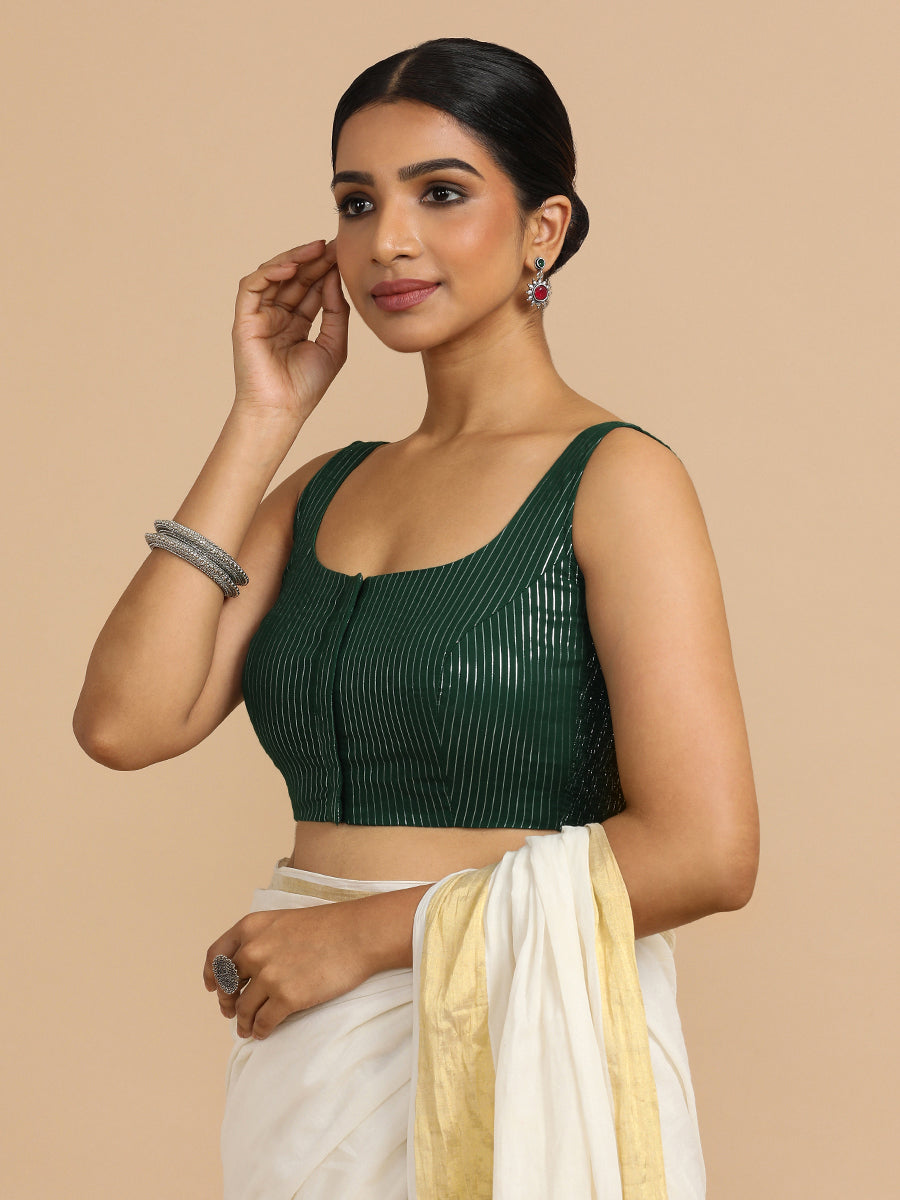 Vinita x Rozaana Saree Blouse, in Green 100% Cotton & Lurex, featuring sleeveless and round neckline (view 6).