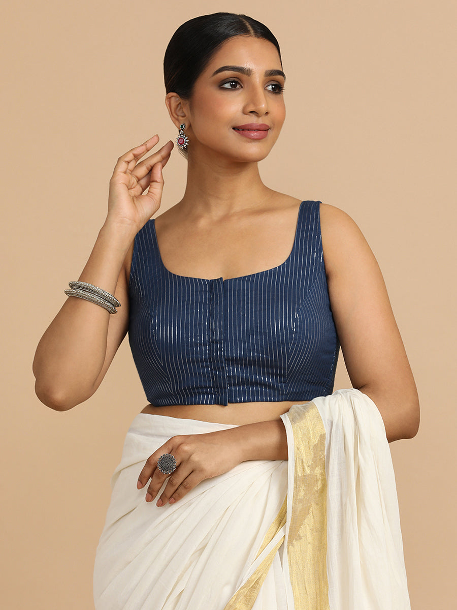 Vinita x Rozaana Saree Blouse, in Blue 100% Cotton & Lurex, featuring sleeveless and round neckline.