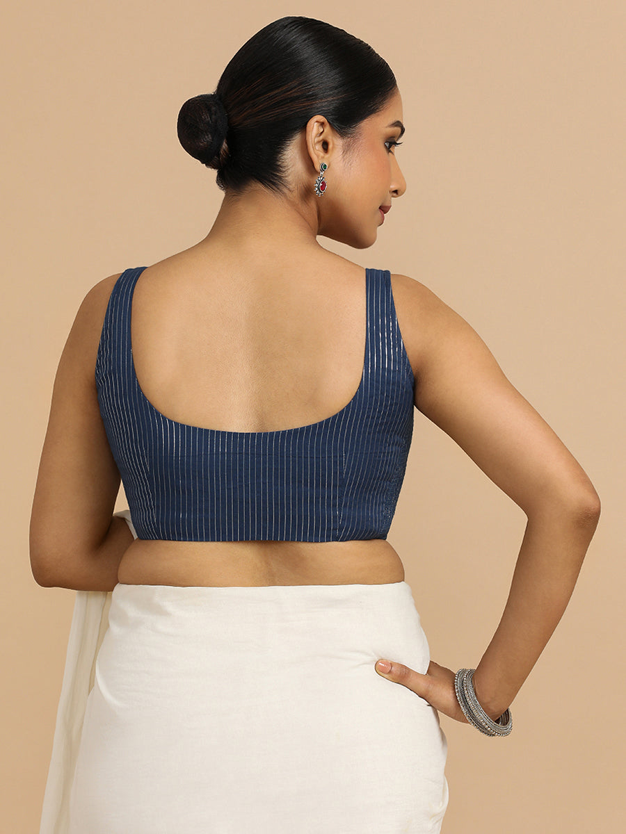Vinita x Rozaana Saree Blouse, in Blue 100% Cotton & Lurex, featuring sleeveless and round neckline (view 2).